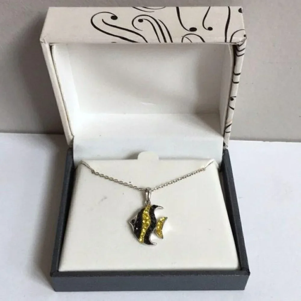 NEW Black & Yellow CZ Crystal Fish Necklace - Picture 3 of 6